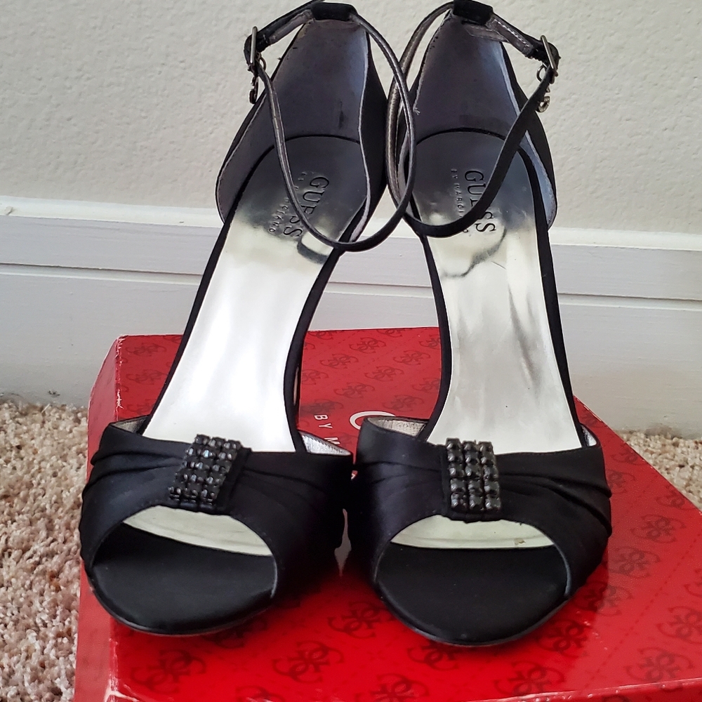 Guess Black Satin Ankle Strap Heels size 8